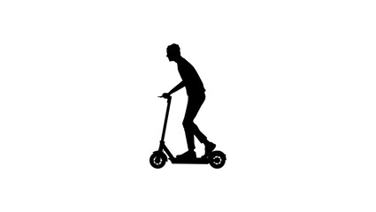 Young man rides a modern urban electric scooter, black isolated silhouette