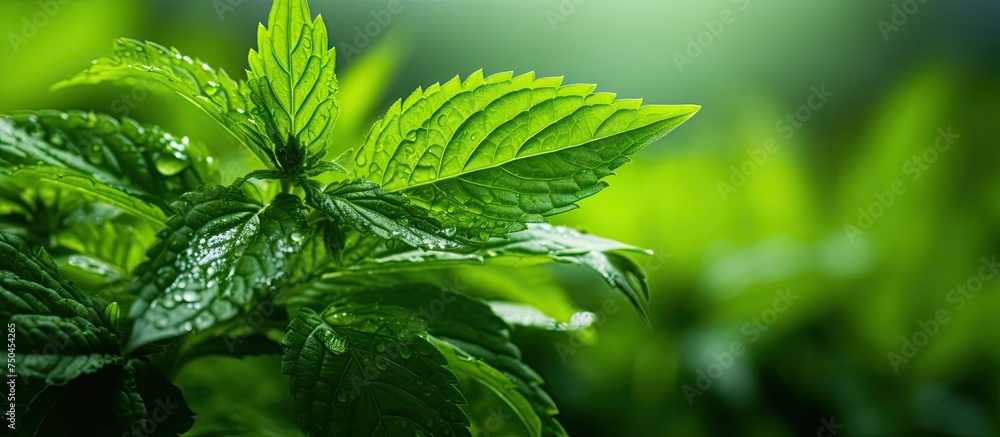 Poster vibrant ladybug on dewy stinging nettle leaf with soft focus for nature macro photography