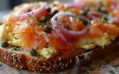 Flavorful Rye Toast Accompanied by Smoked Salmon, Scrambled Eggs, and Capers