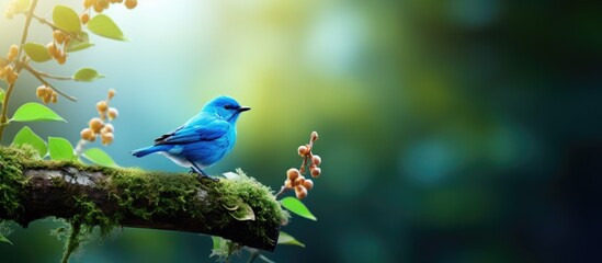 Graceful Blue Bird Perched on Mossy Branch in Lush Forest Habitat