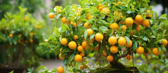 Lush Calamansi Citrus Tree Bearing Miniature Oranges in a Vibrant Backyard Garden Setting - 750454250