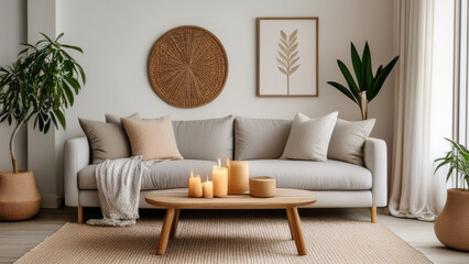 Modern living room interior with sofa, candles and plant. 3d rendering