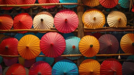 Fototapeta na wymiar Colorful umbrellas hanging on a wall. Great for interior design projects
