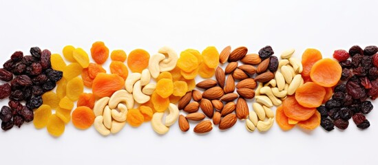 Assorted Dried Fruits Displayed on a White Background - Healthy Snacking Choices - Powered by Adobe