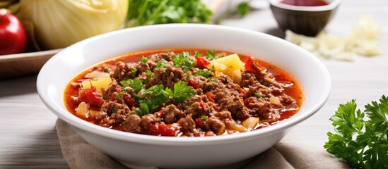 Homemade Ground Beef Cabbage Soup Served in a White Bowl on Wooden Table - 750454493