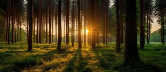 Golden Sunset Casting Rays Through Lush Forest with Tall Trees and Green Grass