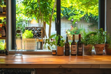 Selective focus.Wood desk counter bar in cozy kitchen with window green garden view. Food and drink background 