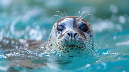 Fototapeta premium A smiling seal with ringed pattern enjoying a swim in water. Concept Seal, Ocean, Ringed Pattern, Smile, Swim
