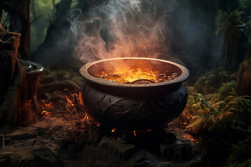 Eerie cauldron bubbles over an open fire amid the mystical fog of a dense forest
