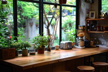 Selective focus.Wood desk counter bar in cozy kitchen with window green garden view. Food and drink background  - obrazy, fototapety, plakaty