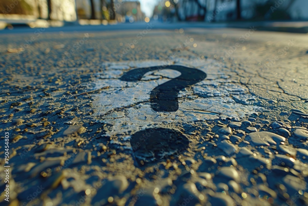Poster close up of a street with a question mark symbol, suitable for educational concepts