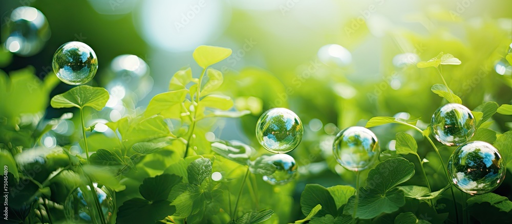 Poster gleaming green leaves adorned with dew drops in serene natural setting