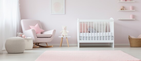 Serene Nursery Decor with White Furnishings and Soft Pink Accents for a Cozy Baby's Room - obrazy, fototapety, plakaty