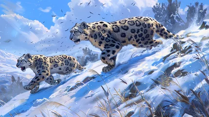 Deurstickers A family of playful snow leopards navigating a snowy mountain slope. © Arisha