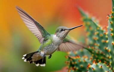 Fototapeta na wymiar Brilliant Ruby Throated Hummingbird Soaring Above Aloe Botanicals