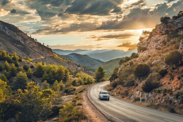 SUV car in spain mountain landscape road at sunset - obrazy, fototapety, plakaty