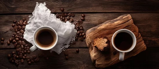 Afwasbaar Fotobehang Koffiebar Warm Coffee Break with Two Cups on Wooden Stump and Fresh Bag of Coffee Beans