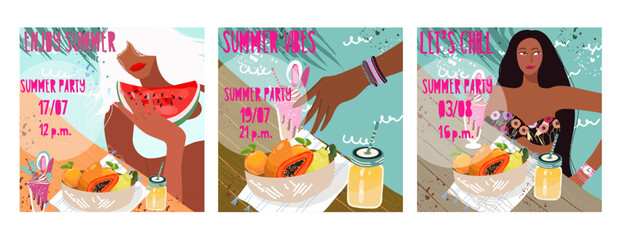 Collection, set of square invitation templates, posters, with summer seascape, swimming pool with stylish girls, women for summer outdoor dance party. Vector illustration for advertising summer event.