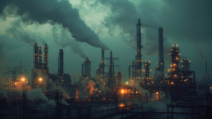 Illuminated industrial complex at dusk with multiple smokestacks emitting smoke, against a moody sky with atmospheric lighting, industrial landscape with power lines and structures visible. - obrazy, fototapety, plakaty