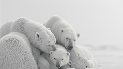 A family of polar bears in a close huddle, their white fur blending seamlessly with a pure white environment. - obrazy, fototapety, plakaty