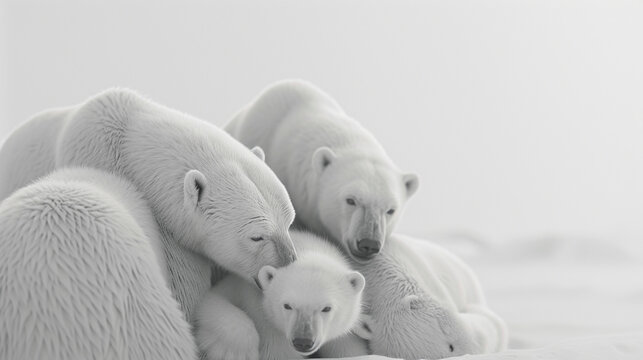 A family of polar bears in a close huddle, their white fur blending seamlessly with a pure white environment.
