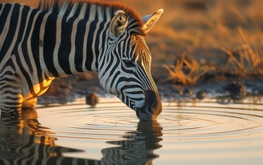 Fototapeta na wymiar Zebra Quenching Its Thirst at a Watering Hole during Sunset, Featuring Reflections