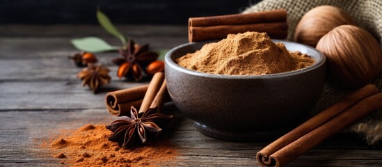 Aromatic Cinnamon Spice Powder in a Bowl with Fresh Whole Cinnamon Sticks and Ground Cinnamon