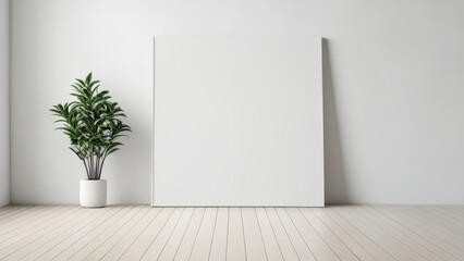 3D rendering of a white room with a plant and a blank poster