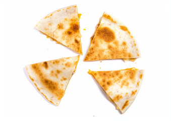 Fototapeta premium Quesadilla slices scattered, top-down view isolated on white background. Design concept for menus and food themed graphic design