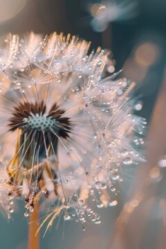 Close-up image of a dandelion with water droplets. Perfect for nature and macro photography projects