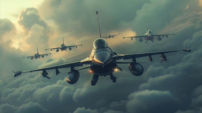 Dramatic image of military fighter jets flying in formation through a cloud-filled sky, displaying a powerful aerial showcase.