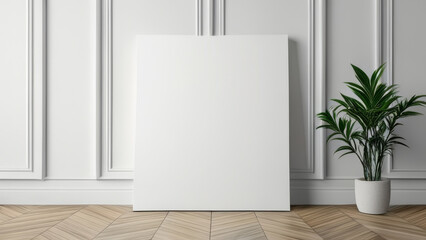 3D rendering of a white room with a plant and a blank poster