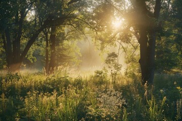 Sunlight filtering through the trees in the woods. Suitable for nature and outdoor themes