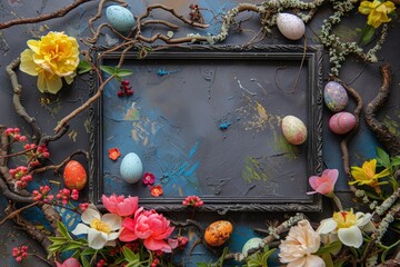 easter card template. black board with blank space surrounded by basket and various colored easter eggs