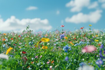 Beautiful field of wildflowers with a clear blue sky background. Perfect for nature or spring-themed designs
