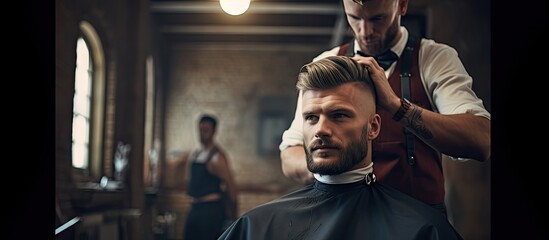 Young man experiencing a trendy haircut by skilled female barber at a modern barber shop