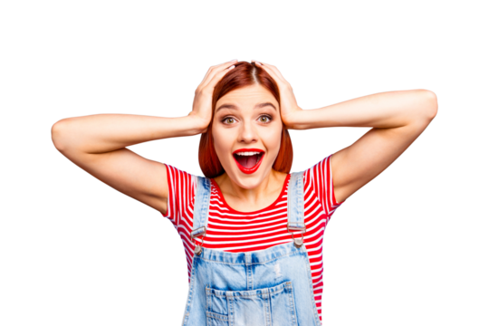 It's cool wow sale discount seasonal concept. Close up studio photo portrait of pretty cute funny with open mouth girl staring in camera touching head with hands isolated bright vivid shine background