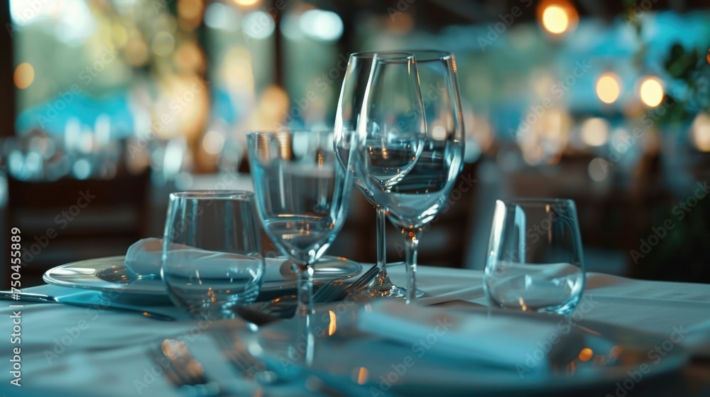 Aufkleber close up of a table setting with wine glasses, perfect for restaurant or event design