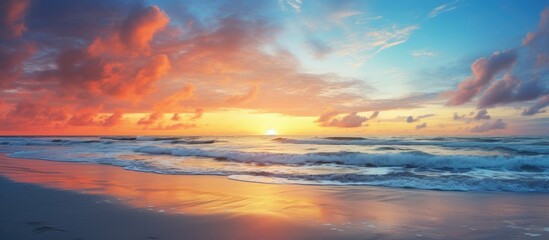 Naklejka na ściany i meble Vibrant Beach Sunset with Majestic Wave in Beautiful Tropical Setting