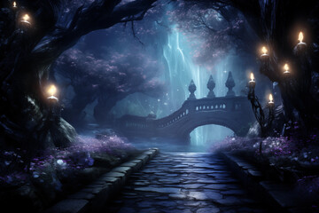 Magical night scene of a forest with glowing lanterns leading to an arched bridge beneath a starry sky