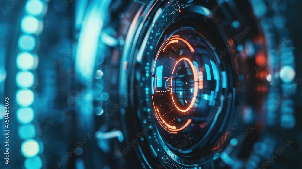 Poster Detailed view of camera lens with colorful lights. Perfect for technology and photography concepts