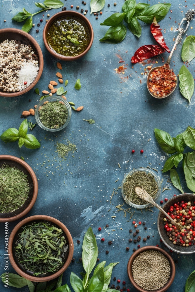 Aufkleber Various spices in bowls on a table, ideal for culinary projects