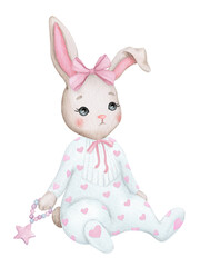 Cute bunny in pajamas. Girl. Children's illustration. Hand drawn watercolor. Baby shower, birthday, children's party. Clipart for print, invitation, poster, greeting card, logo, postcard, etc.
