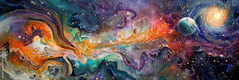 Wall mural abstract formations resembling planetary orbits and cosmic trajectories against a backdrop of swirli