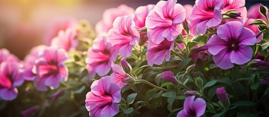 Vivid Petunia Blossoms Radiate in the Warm Sunlight of a Lush Garden Oasis