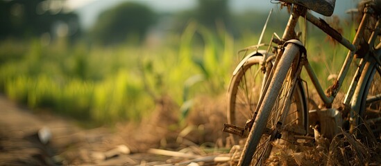 Rustic Bicycle Rests in Lush Rice Field Surrounded by Peaceful Village Landscape