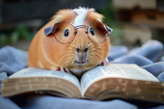 Guinea pig wearing glasses reading a book. Ideal for educational and animal-themed designs