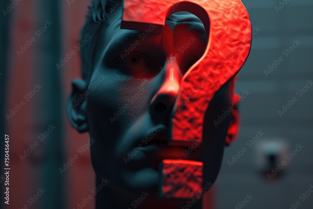 Poster close up of a person's face with a question mark symbol