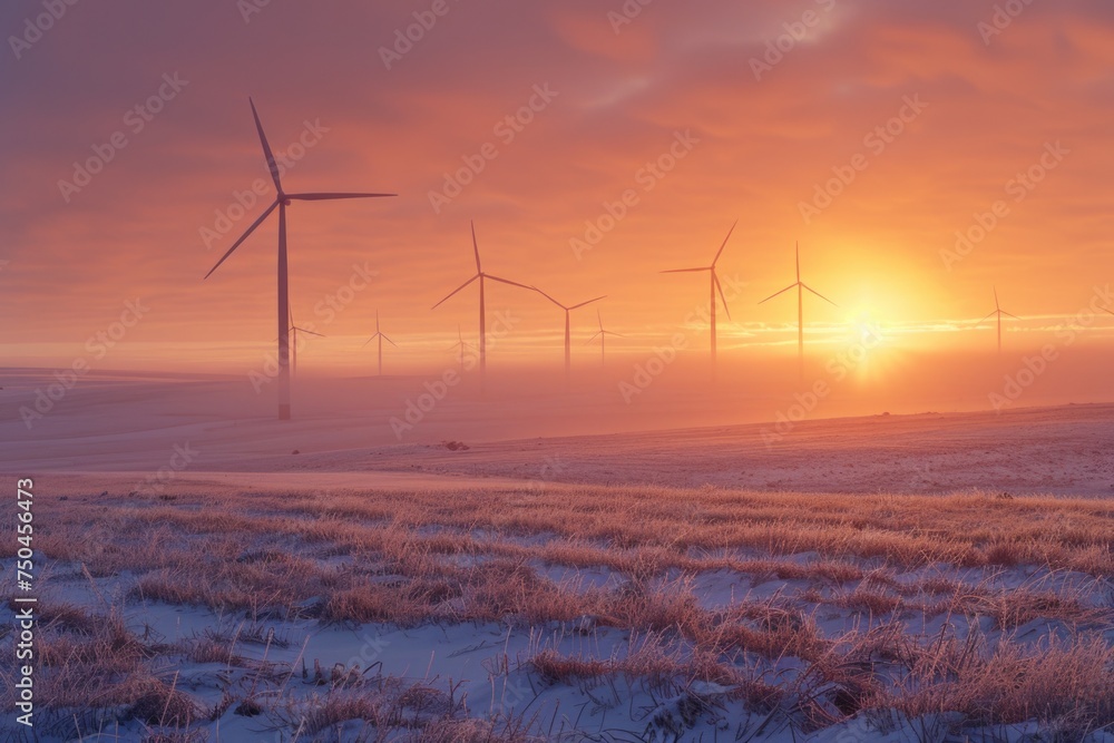 Poster wind turbines in a field at sunset, suitable for renewable energy concepts
