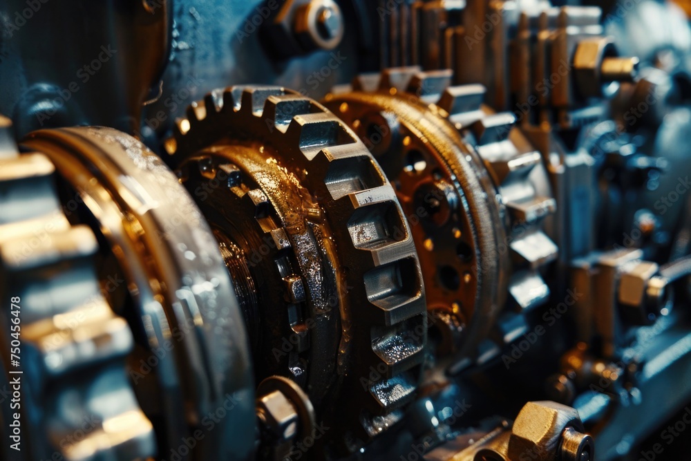 Poster Detailed view of a machine with multiple gears. Ideal for industrial concepts